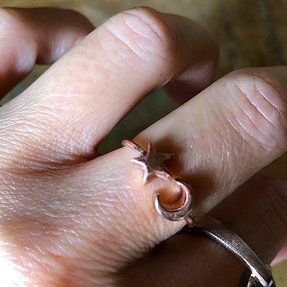 Rose gold star and moon wrap around ring